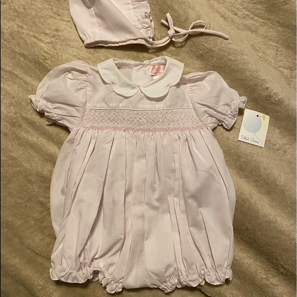 Petit Ami pink smocked embroidered bubble for baby girl - 3 mo